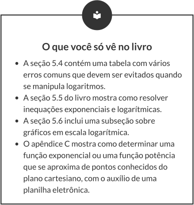 O que você só vê no livro •	A seção 5.4 contém uma tabela com vários erros comuns que devem ser evitados quando se manipula logaritmos. •	A seção 5.5 do livro mostra como resolver inequações exponenciais e logarítmicas. •	A seção 5.6 inclui uma subseção sobre gráficos em escala logarítmica. •	O apêndice C mostra como determinar uma função exponencial ou uma função potência que se aproxima de pontos conhecidos do plano cartesiano, com o auxílio de uma planilha eletrônica.