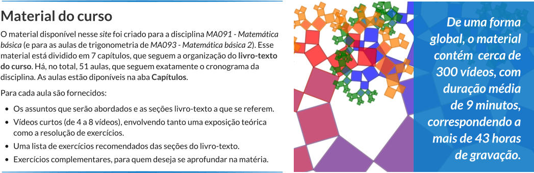 Material do curso O material disponível nesse site foi criado para a disciplina MA091 - Matemática básica (e para as aulas de trigonometria de MA093 - Matemática básica 2). Esse material está dividido em 7 capítulos, que seguem a organização do livro-texto do curso. Há, no total, 51 aulas, que seguem exatamente o cronograma da disciplina. As aulas estão diponíveis na aba Capítulos. Para cada aula são fornecidos: •	Os assuntos que serão abordados e as seções livro-texto a que se referem. •	Vídeos curtos (de 4 a 8 vídeos), envolvendo tanto uma exposição teórica como a resolução de exercícios. •	Uma lista de exercícios recomendados das seções do livro-texto. •	Exercícios complementares, para quem deseja se aprofundar na matéria. De uma forma global, o material contém  cerca de 300 vídeos, com duração média de 9 minutos, correspondendo a mais de 43 horas de gravação.